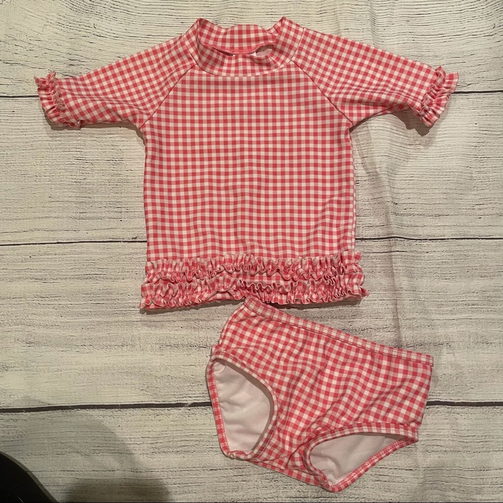 RuffleButts pink gingham two piece swimsuit 12-18m